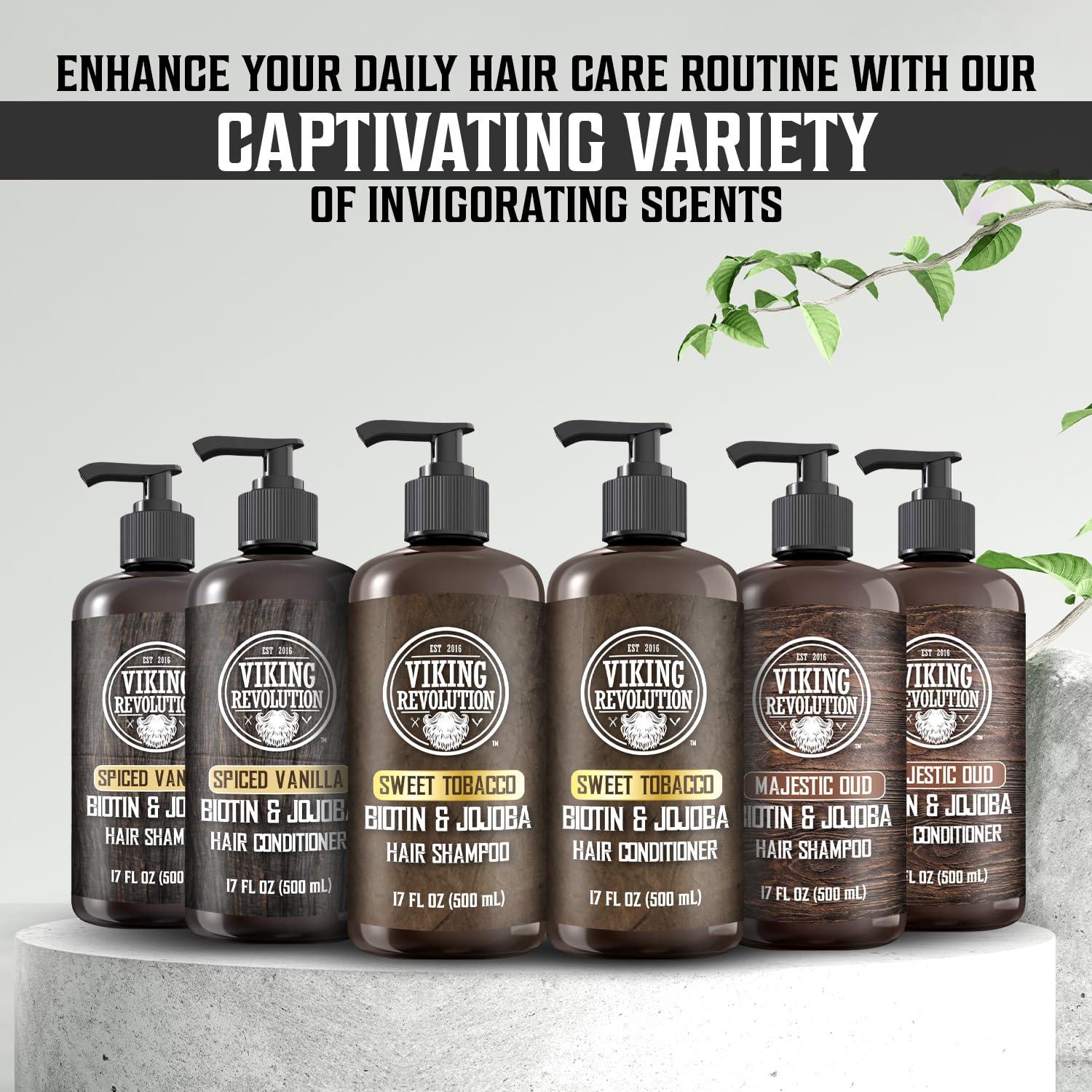 image:imageViking Revolution Majestic Oud Mens Shampoo and Conditioner Set with Biotin and Jojoba Oil Natural Hair Shampoo and Hair Conditioner for Men with Vitamin B5 Mens Shampoo for Thinning Hair 17OzSweet Tobacco Shampoo and Conditioner