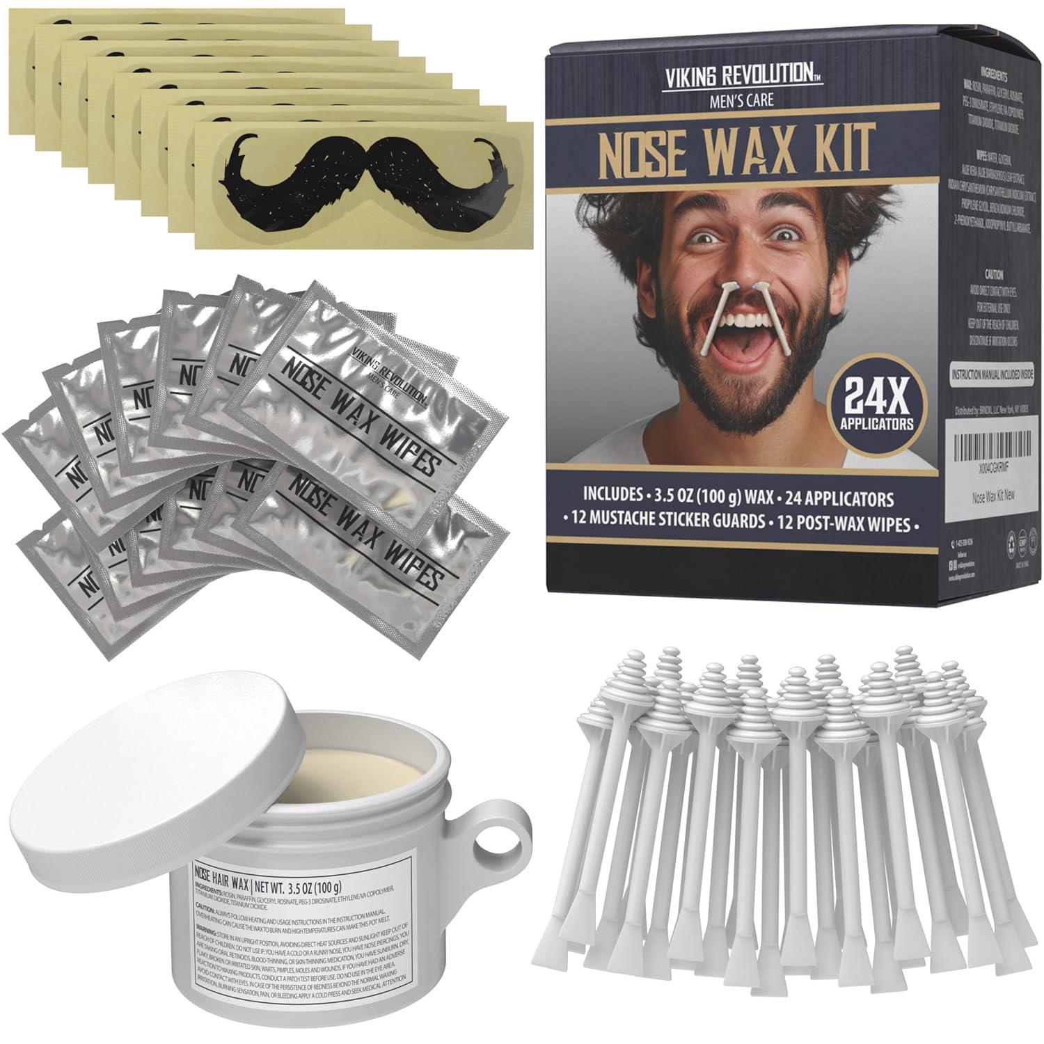 image:imageViking Revolution Nose Hair Waxing Kit for Men Quick Kit Men with 24 Wax Sticks Nose Hair Wax Kit Includes Mustache Sticker Guard and PostWax Calming Wipes with Aloe Vera 35 oz007 Ounce Pack of 49