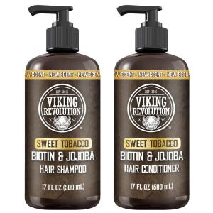 Viking Revolution Majestic Oud Mens Shampoo and Conditioner Set with Biotin and Jojoba Oil – Natural Hair Shampoo and Hair Conditioner for Men with Vitamin B5 – Mens Shampoo for Thinning Hair (17Oz)(Sweet Tobacco Shampoo and Conditioner)
