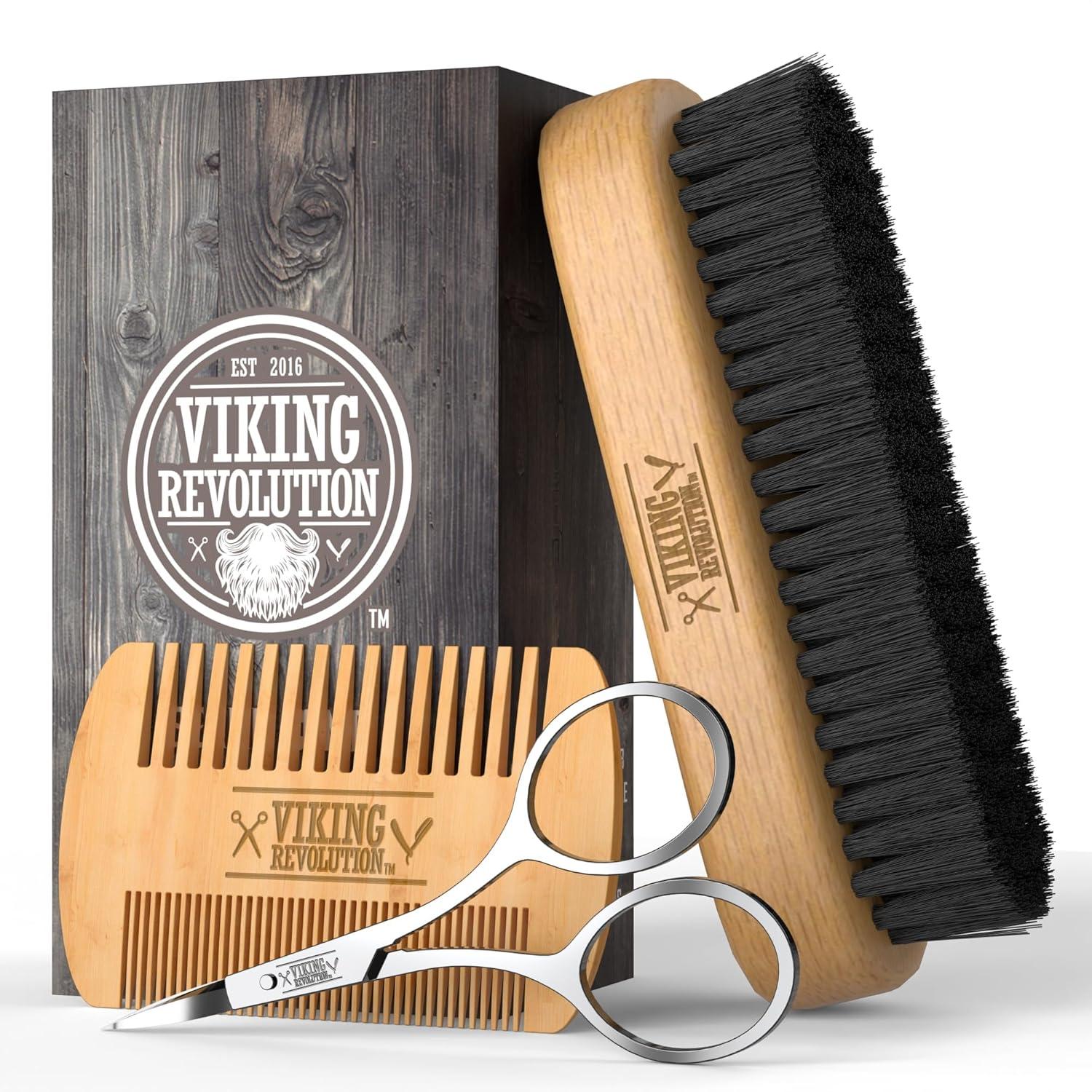 image:imageViking Revolution Beard Comb amp Beard Brush Set for Men Natural Boar Bristle Brush and Dual Action Pear Wood Comb wVelvet Travel Pouch Great for Grooming Beards and MustachesBeard Comb Brush