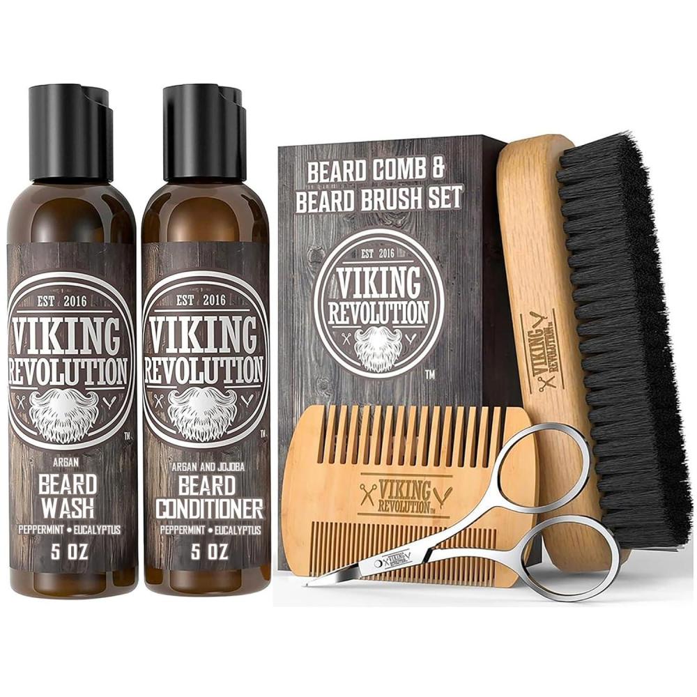 image:imageViking Revolution Beard Comb amp Beard Brush Set for Men Natural Boar Bristle Brush and Dual Action Pear Wood Comb wVelvet Travel Pouch Great for Grooming Beards and MustachesBeard Comb Brush w Wash and Conditioner