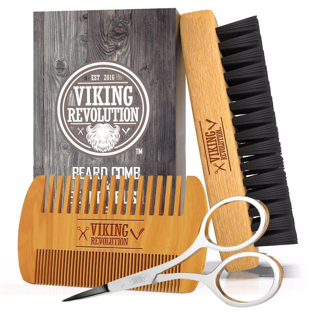 image:imageViking Revolution Beard Comb amp Beard Brush Set for Men Natural Boar Bristle Brush and Dual Action Pear Wood Comb wVelvet Travel Pouch Great for Grooming Beards and MustachesBeard Comb Brush