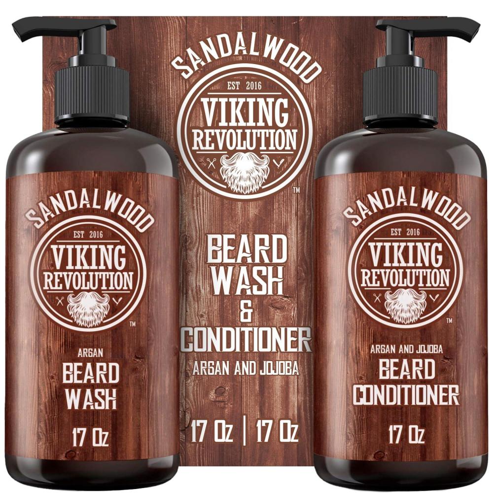 image:imageViking Revolution Beard Wash amp Beard Conditioner Set with Argan amp Jojoba Oils Softens and Strengthens Natural Sandalwood Scent Beard Shampoo with Beard Oil 17 ozSandalwood