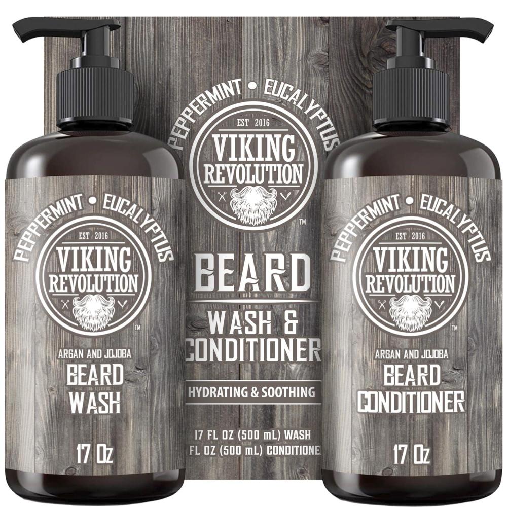 image:imageViking Revolution Beard Wash amp Conditioner Set wArgan amp Jojoba Oils Softens Smooths amp Strengthens Beard Growth Natural Peppermint and Eucalyptus Scent Shampoo 17 ozBeard Wash and Conditioner