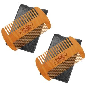 Viking Revolution Beard Comb & Beard Brush Set for Men — Natural Boar Bristle Brush and Dual Action Pear Wood Comb w/Velvet Travel Pouch – Great for Grooming Beards and Mustaches(Beard Comb 2 Pack)