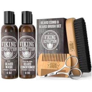 Viking Revolution Beard Comb & Beard Brush Set for Men — Natural Boar Bristle Brush and Dual Action Pear Wood Comb w/Velvet Travel Pouch – Great for Grooming Beards and Mustaches(Beard Comb & Brush w/ Wash and Conditioner)
