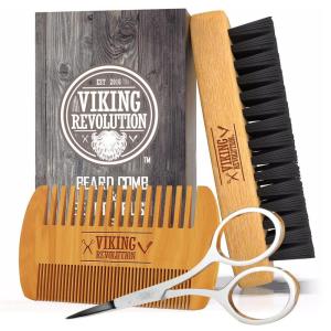 Viking Revolution Beard Comb & Beard Brush Set for Men — Natural Boar Bristle Brush and Dual Action Pear Wood Comb w/Velvet Travel Pouch – Great for Grooming Beards and Mustaches(Beard Comb & Brush)