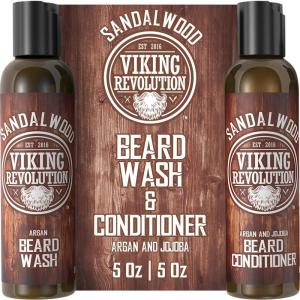Viking Revolution Beard Wash & Beard Conditioner Set w/Argan & Jojoba Oils – Softens & Strengthens – Natural Beard Shampoo w/Beard Oil Sandalwood (5oz)(5 Fl Oz (Pack of 2))