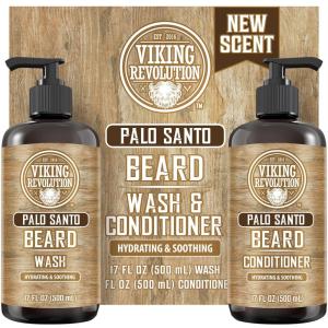 Viking Revolution Beard Wash & Beard Conditioner Set with Argan & Jojoba Oils – Softens and Strengthens – Natural Sandalwood Scent – Beard Shampoo with Beard Oil (17 oz)(Palo Santo)