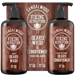 Viking Revolution Beard Wash & Beard Conditioner Set with Argan & Jojoba Oils – Softens and Strengthens – Natural Sandalwood Scent – Beard Shampoo with Beard Oil (17 oz)(Sandalwood)