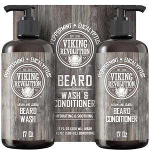 Viking Revolution Beard Wash & Conditioner Set w/Argan & Jojoba Oils – Softens, Smooths & Strengthens Beard Growth – Natural Peppermint and Eucalyptus Scent – Shampoo (17 oz)(Beard Wash and Conditioner)