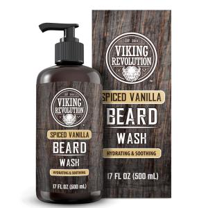 Viking Revolution Beard Wash and Beard Conditioner for Men with Argan Oil and Jojoba Oil – Beard Softener and Strengthener Beard Care Beard Shampoo and Conditioner with Beard Oil (17oz Spiced Vanilla)(Beard Wash)