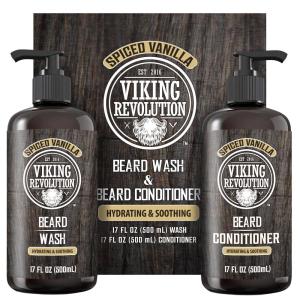 Viking Revolution Beard Wash and Beard Conditioner for Men with Argan Oil and Jojoba Oil – Beard Softener and Strengthener Beard Care Beard Shampoo and Conditioner with Beard Oil (17oz Spiced Vanilla)(Beard Wash and Conditioner)