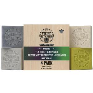 Viking Revolution Natural Soap for Men – Mens Soap Bar with Essential Oils Cold Pressed Bar Soap for Men – Nourishing Soap with Tea Tree, Clary Sage, Peppermint Eucalyptus, Bergamot (4 Pack)(Tea Tree/Clary Sage/Peppermint Eucalyptus/Bergamot)