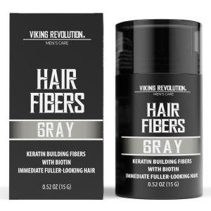 Viking Revolution Dark Brown Hair Fibers for Thinning Hair Men – Thick Fiber for Bald Spot Cover Up – Hair Building Fibers with Kerating and Biotin – Hair Fiber for Men for a Fuller Look (0.52oz)(Gray)