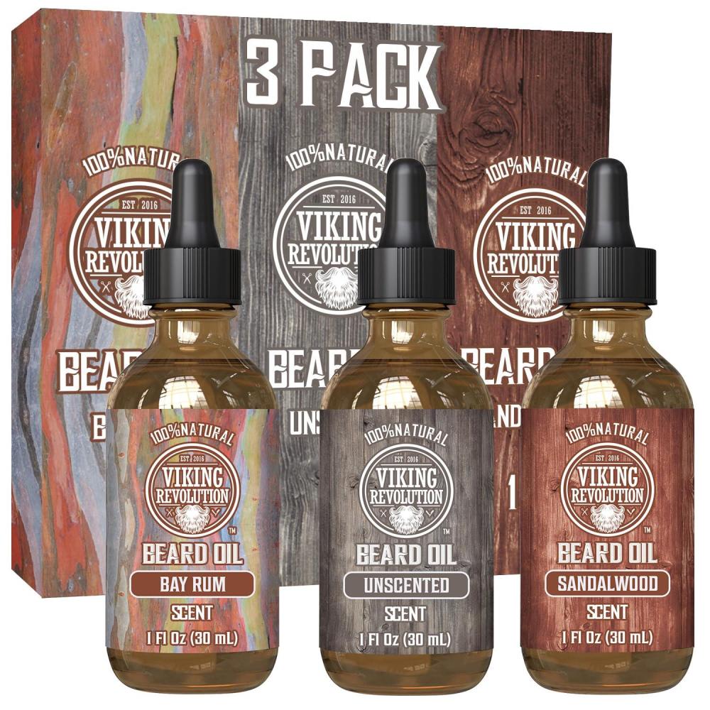 image:imageViking Revolution Beard Oil for Men 3 Pack Natural Mens Beard Oil Variety Set Spiced Vanilla Sweet Tobacco Majestic Oud Beard Conditioning and Moisturizing for a Healthy Beard 3 Pack 1ozBay Rum Unscented Sandalwood