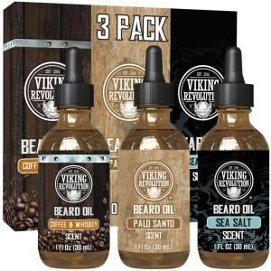 Viking Revolution Beard Oil for Men 3 Pack – Natural Mens Beard Oil Variety Set – Spiced Vanilla, Sweet Tobacco, Majestic Oud – Beard Conditioning and Moisturizing for a Healthy Beard (3 Pack, 1oz)(Coffee & Whiskey Palo Santo Sea Salt)