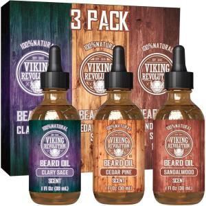 Viking Revolution Beard Oil for Men 3 Pack – Natural Mens Beard Oil Variety Set – Spiced Vanilla, Sweet Tobacco, Majestic Oud – Beard Conditioning and Moisturizing for a Healthy Beard (3 Pack, 1oz)(Sandalwood  Cedar & Pine  Clary Sage)