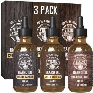 Viking Revolution Beard Oil for Men 3 Pack – Natural Mens Beard Oil Variety Set – Spiced Vanilla, Sweet Tobacco, Majestic Oud – Beard Conditioning and Moisturizing for a Healthy Beard (3 Pack, 1oz)(Spiced Vanilla  Sweet Tobacco  Majestic Oud)