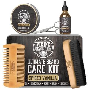 Beard Growth Kit – Oil, Balm, Serum, Derma Roller & Wooden Comb for Beard & Mustache Growth(Spiced Vanilla)