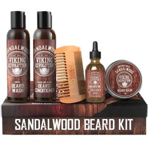 Viking Revolution Ultimate Conditioner for Men’s Beard Grooming – Softens, Smoothes and Soothes Beard Itch- Contains Wash, Conditioner, Beard Oil, Balm and Comb- Classic Set(Sandalwood)