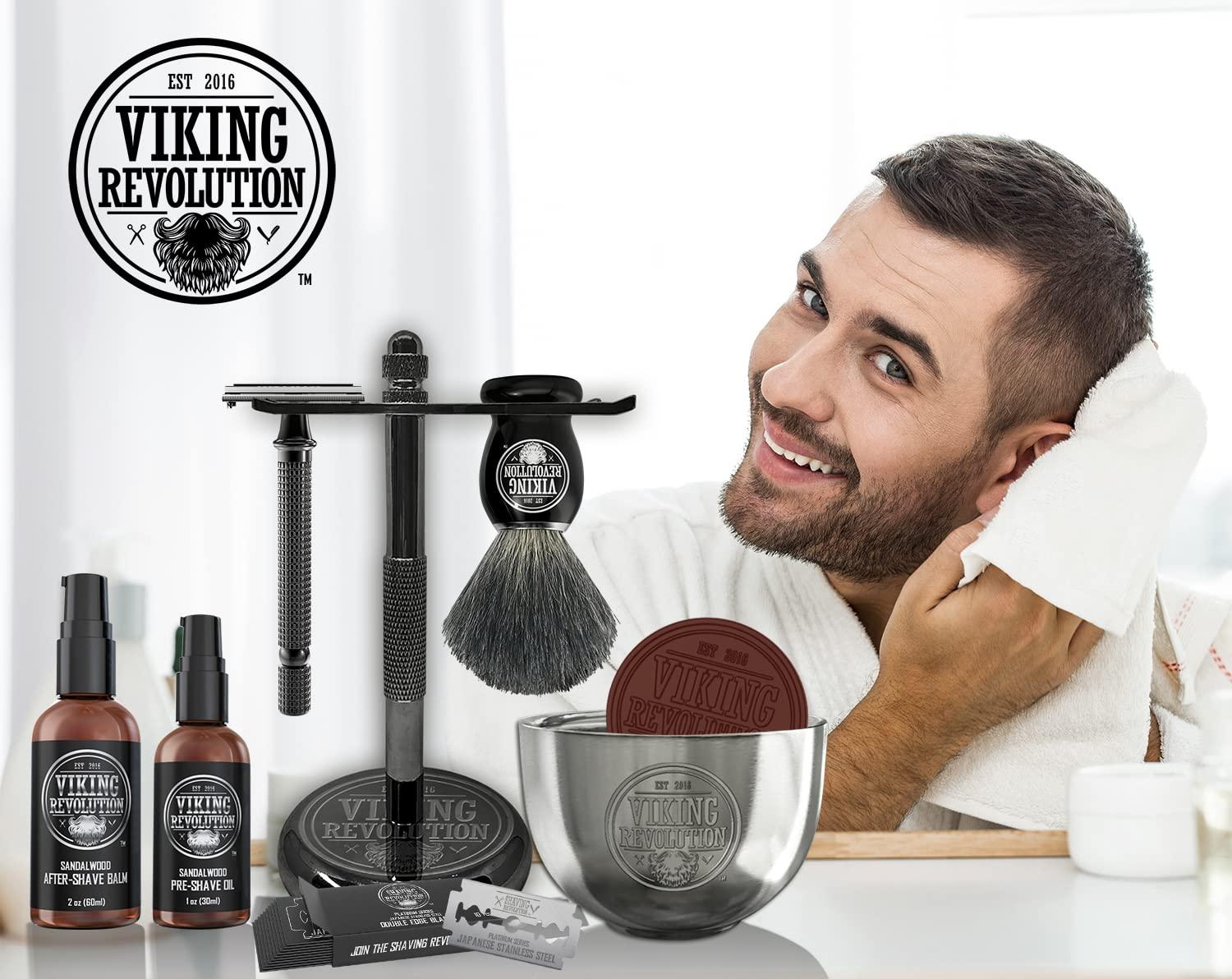 image:imageViking Revolution Luxury Safety Razor Shaving Kit Includes Double Edge Safety Razor Stand Bowl AfterShave Balm PreShave Oil Badger Brush Safety Razor Kit
