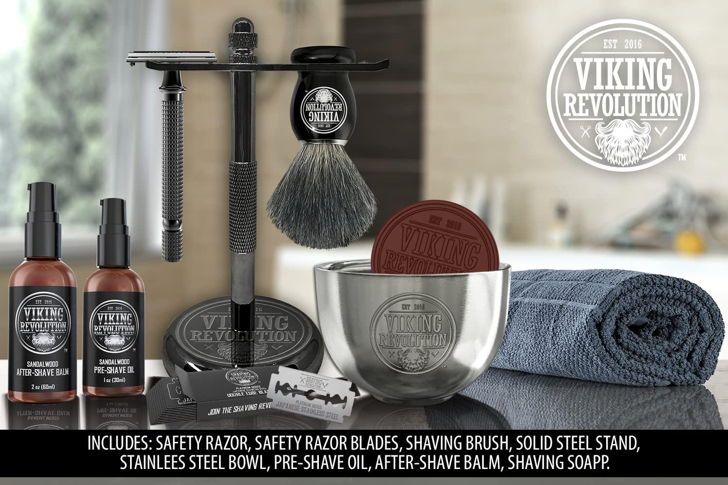 image:imageViking Revolution Luxury Safety Razor Shaving Kit Includes Double Edge Safety Razor Stand Bowl AfterShave Balm PreShave Oil Badger Brush Safety Razor Kit
