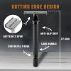 SHAVING REVOLUTION Long Handle Double Edge Safety Razor – Butterfly Open Razor 10 Japanese Stainless Steel Double Edge Blades – Close, Clean Shaving Razor Men., Black Long Handle, 12 Piece Set(Black)