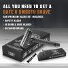 SHAVING REVOLUTION Long Handle Double Edge Safety Razor – Butterfly Open Razor 10 Japanese Stainless Steel Double Edge Blades – Close, Clean Shaving Razor Men., Black Long Handle, 12 Piece Set(Black)
