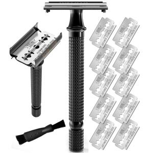 SHAVING REVOLUTION Long Handle Double Edge Safety Razor – Butterfly Open Razor 10 Japanese Stainless Steel Double Edge Blades – Close, Clean Shaving Razor Men., Black Long Handle, 12 Piece Set(Black)