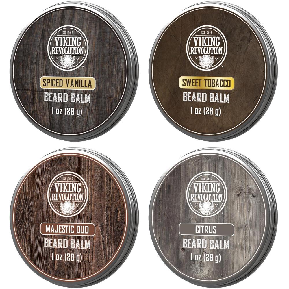 image:imageViking Revolution 4 Beard Balm Variety Pack 1oz Each Sandalwood Pine amp Cedar Bay Rum Clary Sage Styles Strengthens and Softens Beards and Mustaches Wax for MenVanilla Tobacco Oud Citrus