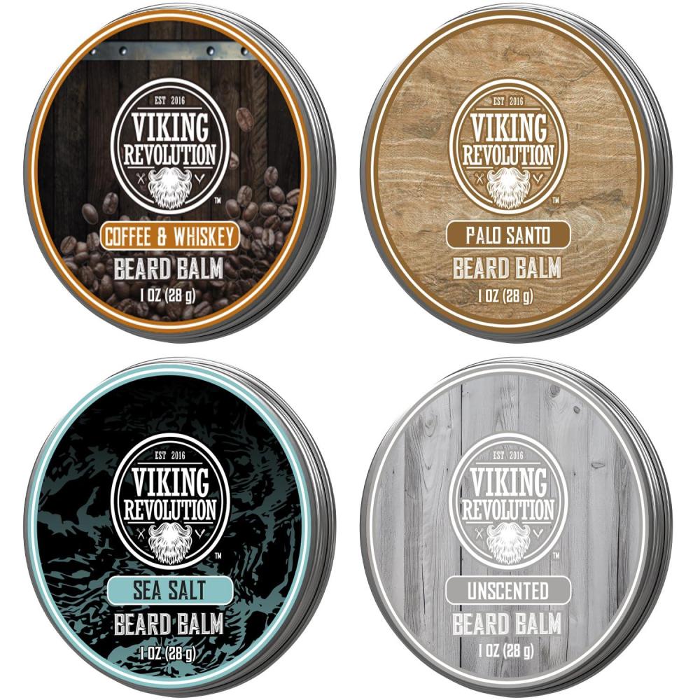 image:imageViking Revolution 4 Beard Balm Variety Pack 1oz Each Sandalwood Pine amp Cedar Bay Rum Clary Sage Styles Strengthens and Softens Beards and Mustaches Wax for MenUnscented Coffee Whiskey Palo Santo SeaSalt