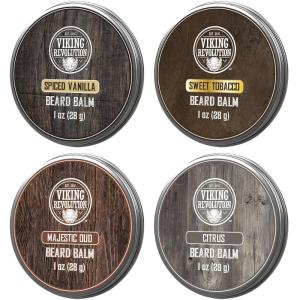 Viking Revolution 4 Beard Balm Variety Pack (1oz Each) – Sandalwood, Pine & Cedar, Bay Rum, Clary Sage – Styles, Strengthens and Softens Beards and Mustaches – Wax for Men(Vanilla Tobacco Oud Citrus)