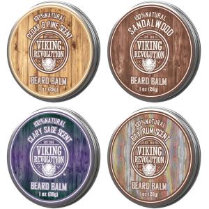 Viking Revolution 4 Beard Balm Variety Pack (1oz Each) – Sandalwood, Pine & Cedar, Bay Rum, Clary Sage – Styles, Strengthens and Softens Beards and Mustaches – Wax for Men(Cedar)