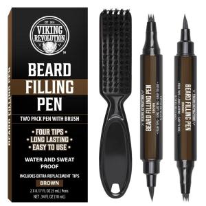 Viking Revolution Beard Pen (2 Pack) – Black Beard Pencil Filler for Men Lapiz para Barba de Hombre – Beard Filler for Men Waterproof Beard Filling Pen Kit – Long Lasting Beard Filler Pen with Brush(Brown)