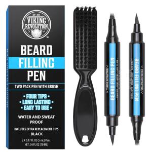 Viking Revolution Beard Pen (2 Pack) – Black Beard Pencil Filler for Men Lapiz para Barba de Hombre – Beard Filler for Men Waterproof Beard Filling Pen Kit – Long Lasting Beard Filler Pen with Brush(Black)