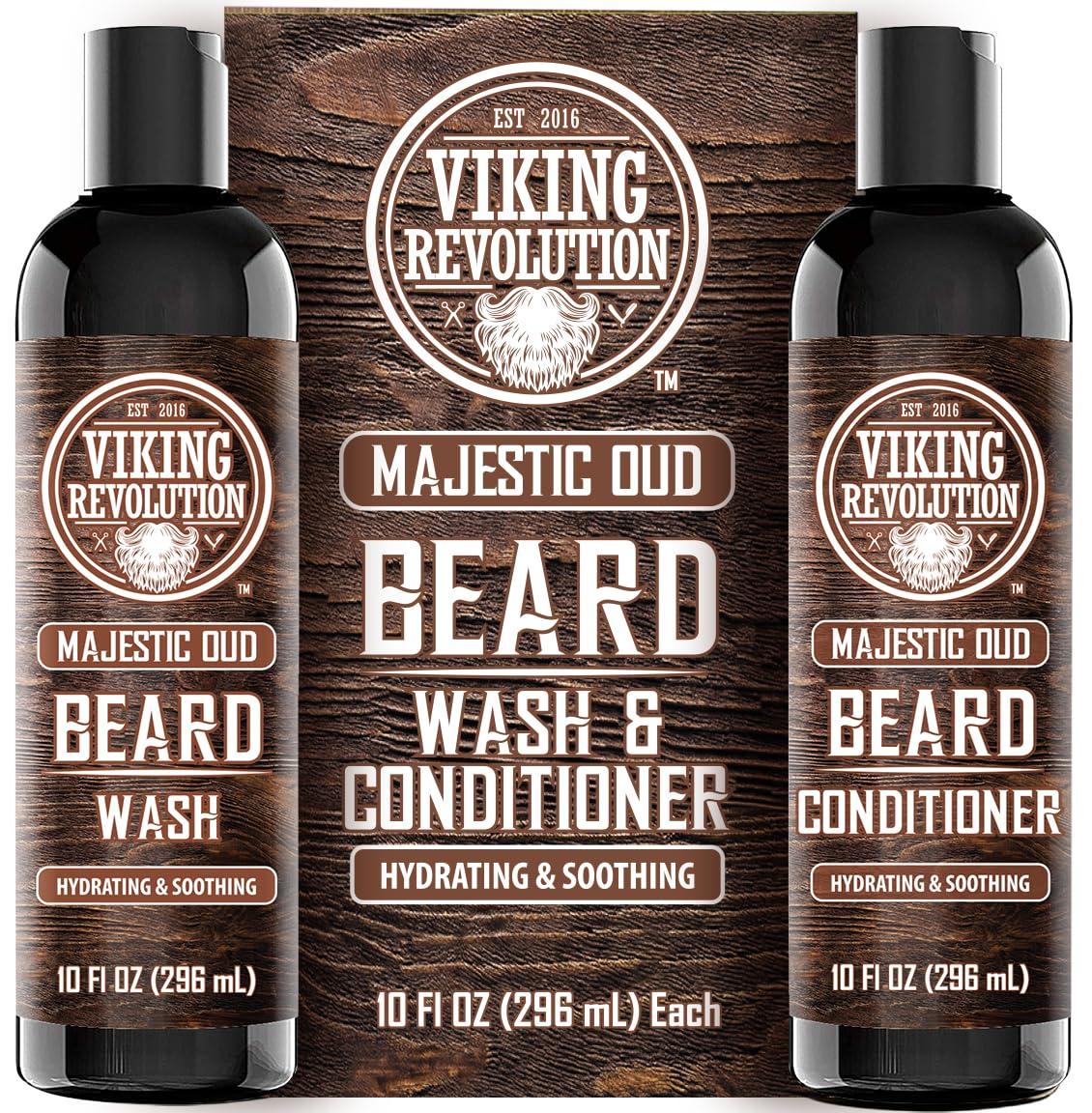 image:imageViking Revolution Beard Wash and Beard Conditioner for Men with Argan Oil and Jojoba Oil Beard Softener and Strengthener Beard Care Beard Shampoo and Conditioner with Beard Oil 5oz Majestic OudBeard Wash and Conditioner Set