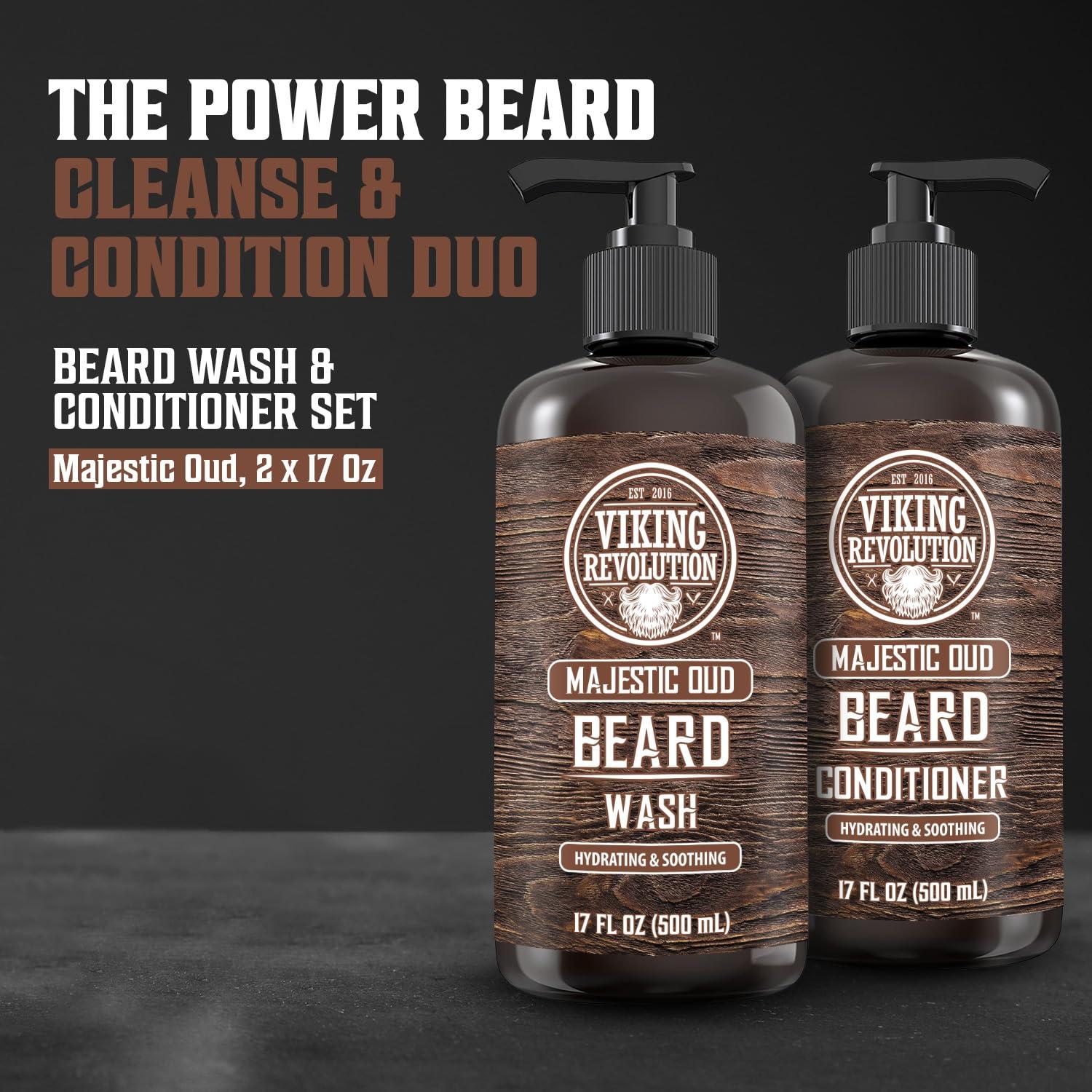 image:imageViking Revolution Beard Wash and Beard Conditioner for Men with Argan Oil and Jojoba Oil Beard Softener and Strengthener Beard Care Beard Shampoo and Conditioner with Beard Oil 5oz Majestic OudBeard Wash and Conditioner Set