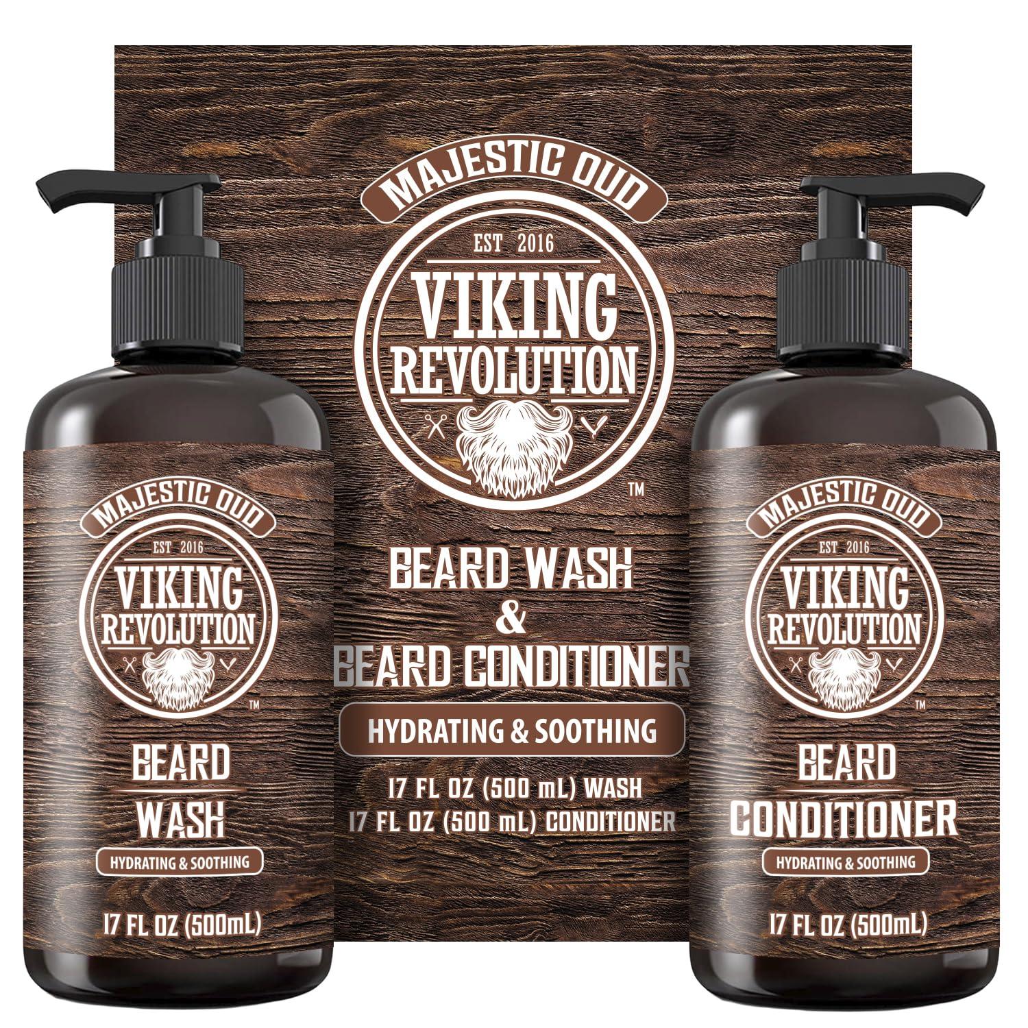 image:imageViking Revolution Beard Wash and Beard Conditioner for Men with Argan Oil and Jojoba Oil Beard Softener and Strengthener Beard Care Beard Shampoo and Conditioner with Beard Oil 5oz Majestic OudBeard Wash and Conditioner Set
