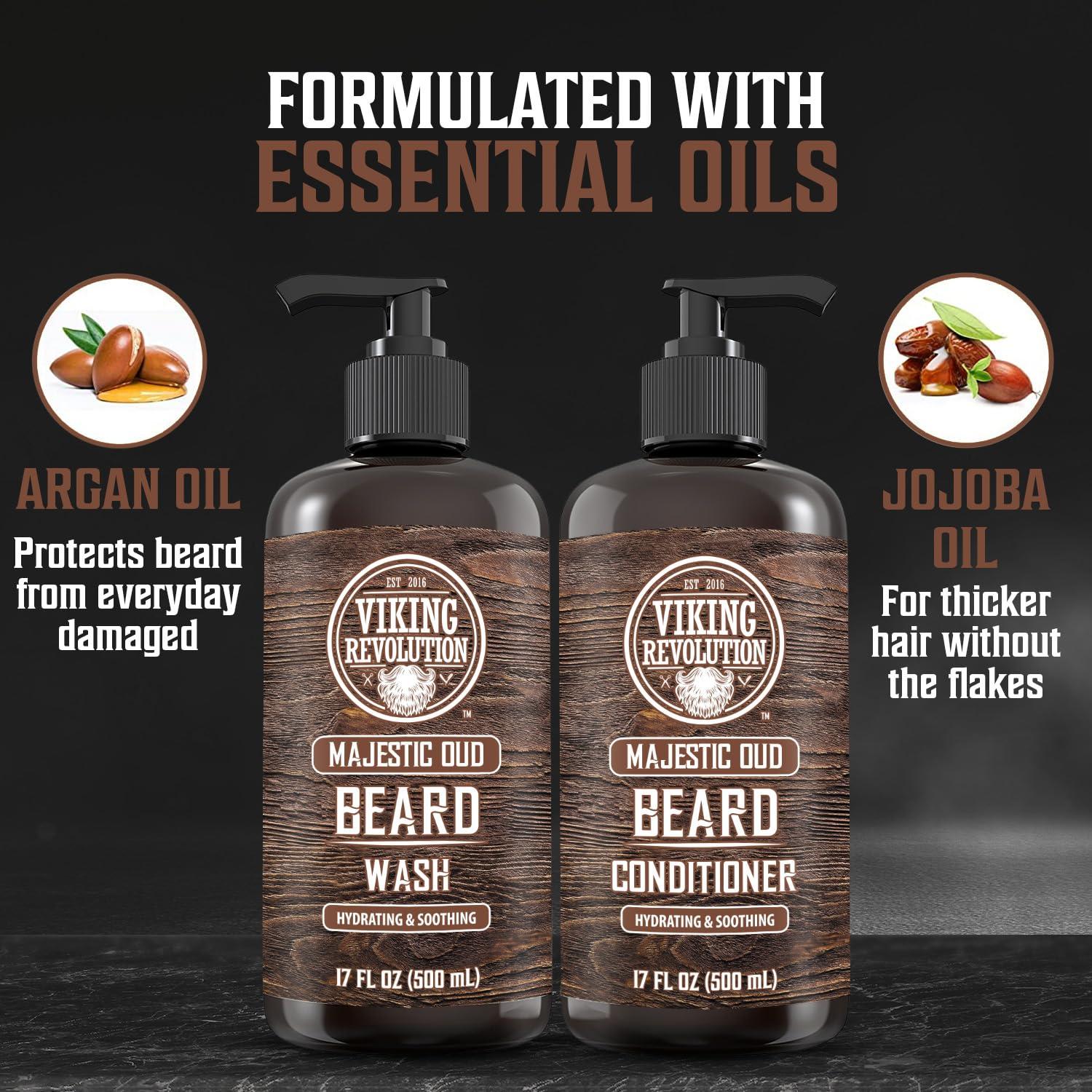 image:imageViking Revolution Beard Wash and Beard Conditioner for Men with Argan Oil and Jojoba Oil Beard Softener and Strengthener Beard Care Beard Shampoo and Conditioner with Beard Oil 5oz Majestic OudBeard Wash and Conditioner Set