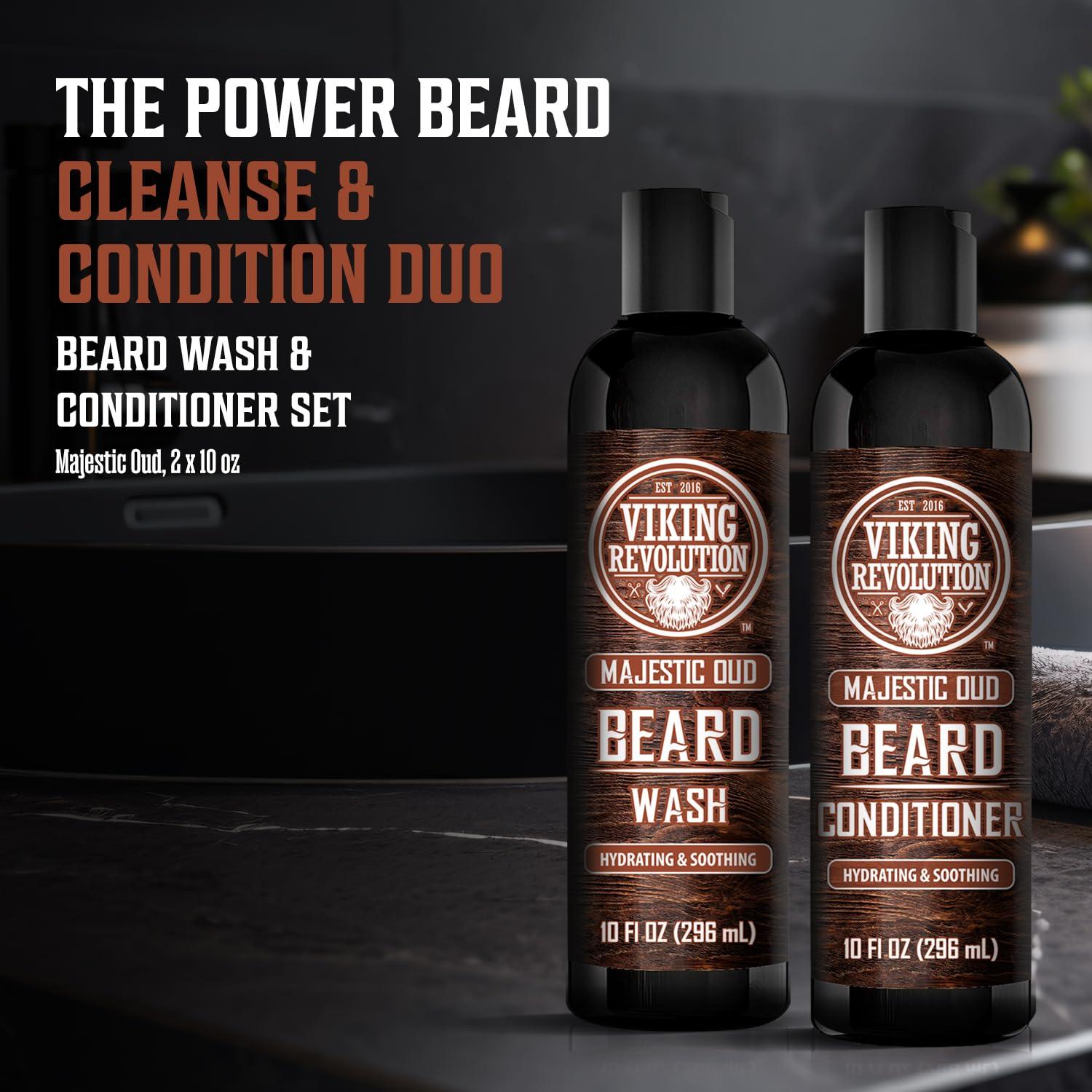 image:imageViking Revolution Beard Wash and Beard Conditioner for Men with Argan Oil and Jojoba Oil Beard Softener and Strengthener Beard Care Beard Shampoo and Conditioner with Beard Oil 5oz Majestic OudBeard Wash and Conditioner Set