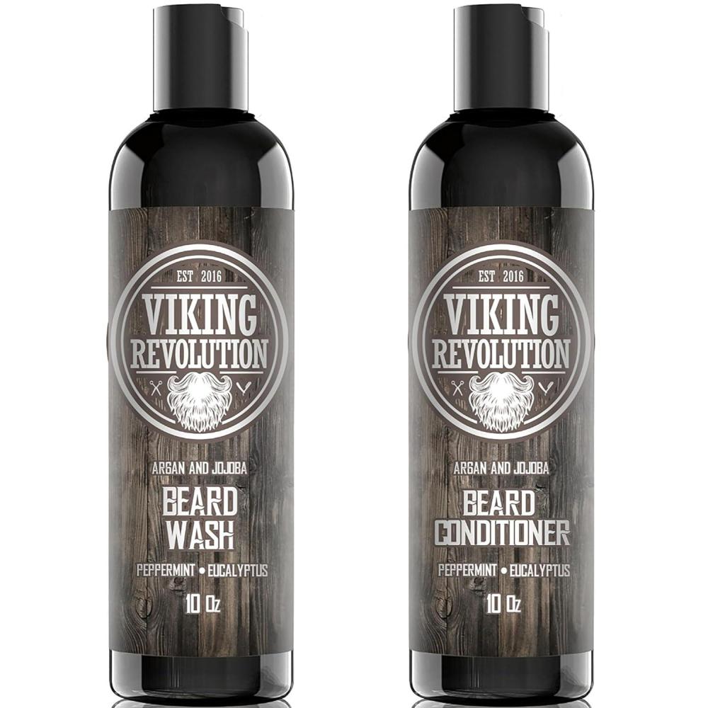 image:imageViking Revolution Beard Care Set with Argan amp Jojoba Oils Softens Smooths amp Nourishes Facial Hair Growth Peppermint and Eucalyptus Scented Wash amp Conditioner 5 oz10 Fl Oz Pack of 2