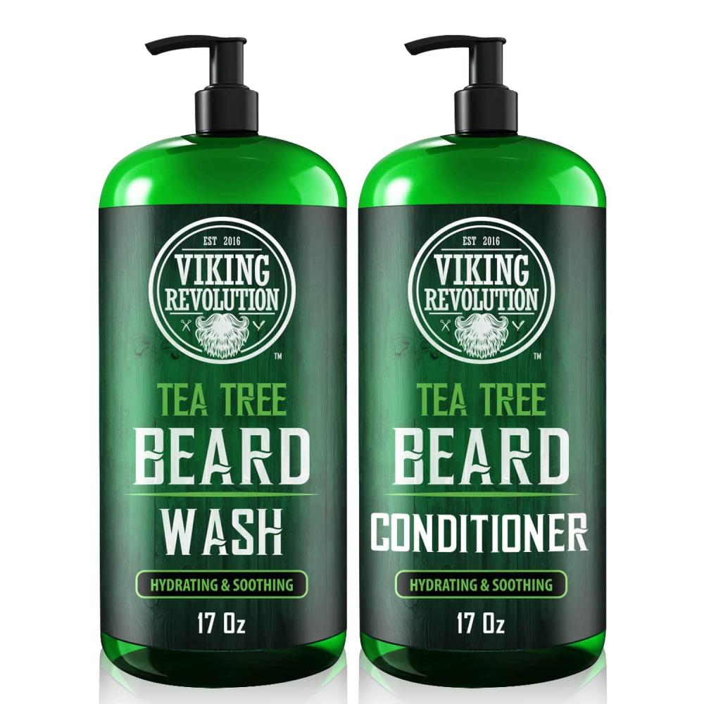 image:imageViking Revolution Tea Tree Oil Beard Wash and Beard Conditioner For Men Natural Beard Softener Set with Argan Oil Vitamin E and Ginseng Beard Shampoo and Conditioner Set 17 Oz