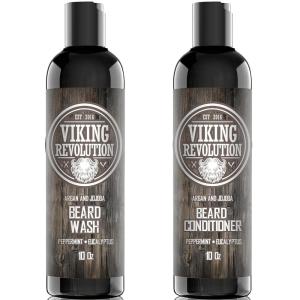 Viking Revolution Beard Care Set with Argan & Jojoba Oils – Softens, Smooths & Nourishes Facial Hair Growth – Peppermint and Eucalyptus Scented Wash & Conditioner (5 oz)(10 Fl Oz (Pack of 2))