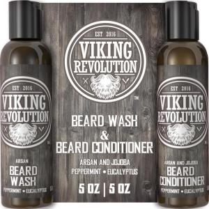 Viking Revolution Beard Care Set with Argan & Jojoba Oils – Softens, Smooths & Nourishes Facial Hair Growth – Peppermint and Eucalyptus Scented Wash & Conditioner (5 oz)(5 Fl Oz (Pack of 2))
