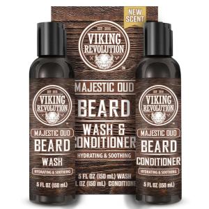 Viking Revolution Beard Wash and Beard Conditioner for Men with Argan Oil and Jojoba Oil – Beard Softener and Strengthener Beard Care Beard Shampoo and Conditioner with Beard Oil (5oz, Majestic Oud)(Beard Wash and Conditioner Set)
