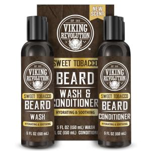 Viking Revolution Beard Wash and Beard Conditioner for Men with Argan Oil and Jojoba Oil – Beard Softener and Strengthener Beard Care Beard Shampoo and Conditioner with Beard Oil (17oz, Sweet Tobacco)(Beard Wash and Conditioner)