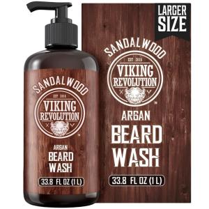 Viking Revolution Sandalwood Beard Wash for Men with Argan Oil – Beard Softener and Strengthener Beard Shampoo with Ginseng, Red Sage, Vitamin B5, Vitamin E – Sandalwood Beard Care (33.8 Fl oz)