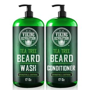 Viking Revolution Tea Tree Oil Beard Wash and Beard Conditioner For Men – Natural Beard Softener Set with Argan Oil, Vitamin E and Ginseng – Beard Shampoo and Conditioner Set (17 Oz)