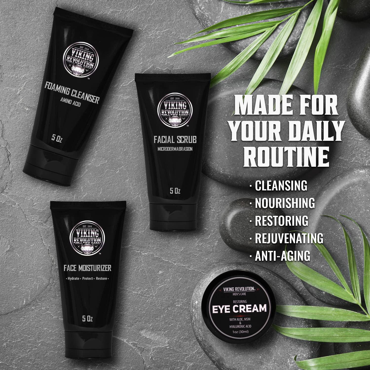 image:imageViking Revolution Mens Facial Skin Care Kit Includes Rejuvenating Face Moisturizer Microdermabrasion Facial Scrub Foaming Cleanser 5oz Each and Eye Cream 1oz